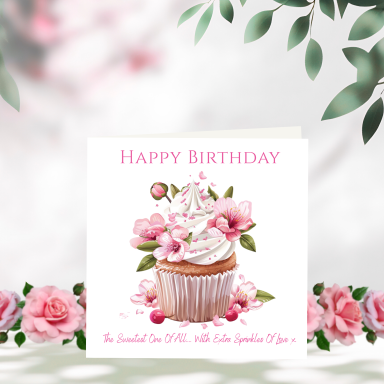 Flowers and Cupcake Birthday Card Birthday card featuring a cupcake topped with frosting and pink flowers, with "Happy Birthday" text.